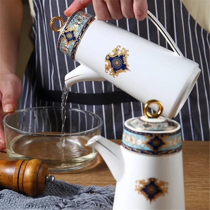 Water Pitcher Ceramic Teapot With Lid Water Pitcher Kitchen Butter Bottle Flower & Bird Finished Wedding Gifts Party Presents 650ML Glass Pot(White)