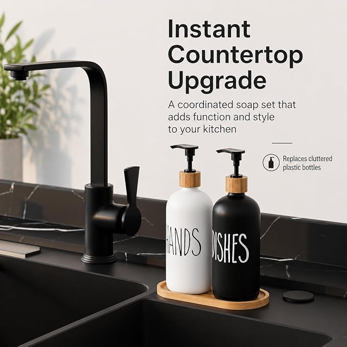 Dish Soap Dispenser for Kitchen Sink.Glass Hand Soap Dispenser, Modern Farmhouse Decorfor Bathroom,Kitchen Sink Decor