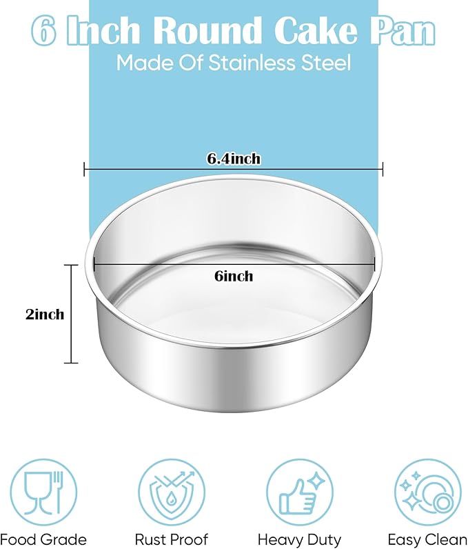 TeamFar 6 Inch Cake Pan, 4 Pcs Round Tier Cake Pans Set Stainless Steel for Baking Steaming Serving, Fit in Oven Pot Air Fryer, Healthy & Heavy Duty, Mirror Finish & Dishwasher Safe