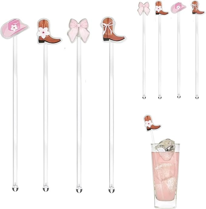 Cowgirl Birthday Party Cocktail Drink Stirrers, 20 pcs Bow Boots Drink Stirrers for Bachelorette Party Decoration, Boots and Bows Themed Swizzle Drink Sticks for Disco Cowboy Party Supplies