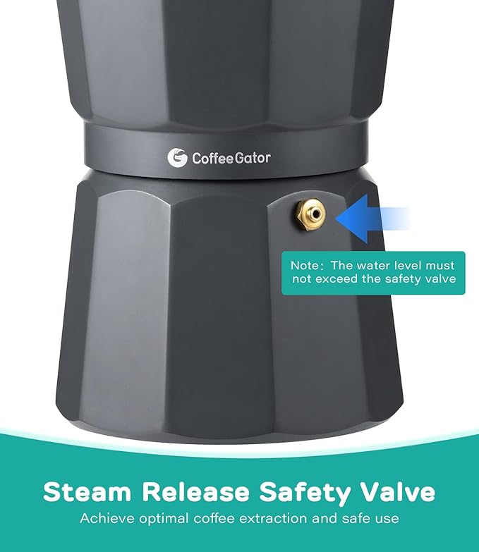 Coffee Gator Moka Pot - 6 Cup, 12oz Stovetop Espresso Maker - Classic Italian and Cuban Coffee Percolator w/ 2 Stainless-Steel Cups – Matte Grey Aluminum, 360ml