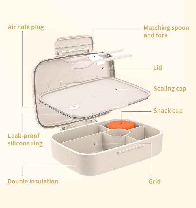 Bento Lunch Box, 5 Compartments Lunch Container for Kids/Adults with Snack cup, Wheat Fiber Eco-Friendly Double Insulated Boxes, Dishwasher and Microwave Safe, BPA-Free