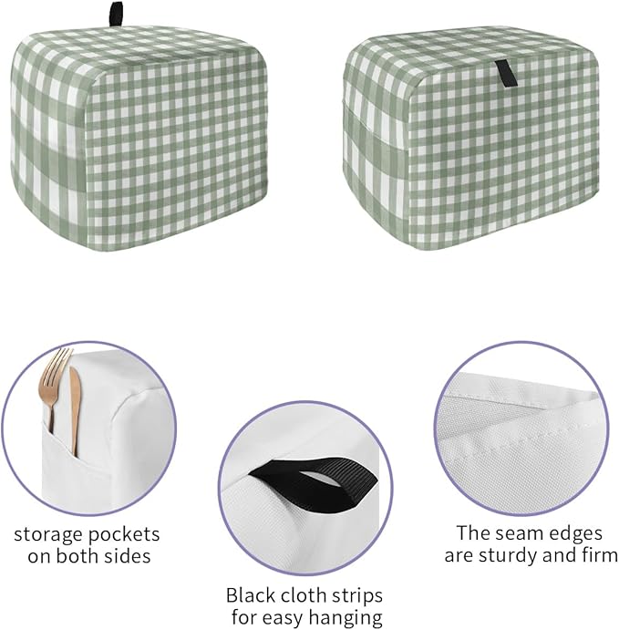 Sage Green Buffalo Plaid Toaster Cover 4 Slice, Large Kitchen Appliance Cover, Farmhouse Green White Checkered With Loop, Bread Machine Polyester Dust Protection