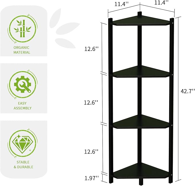 Wisuce Corner Shelf, 100% Real Bamboo Shower Corner Shelves Free Standing Shelf Storage Organizer for Bathroom Living Room Kitchen (Black, 4 Tier)