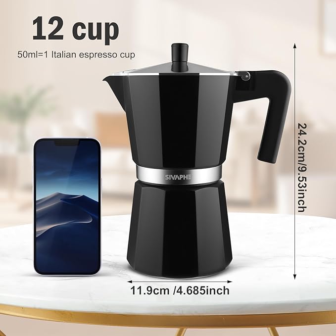 Sivaphe Aluminum Moka Pot 12 Espresso Cups, Percolator Espresso and Coffee Maker, Portable Stovetop Italian and Cuban Café Brewer for Home and Camping Black