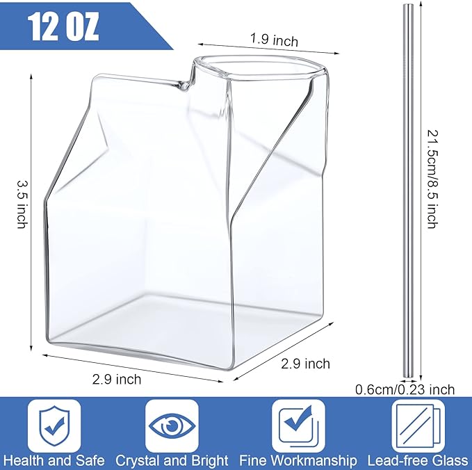 6 Pieces Clear Milk Carton Reusable Glass Container with 6 Stainless Steel Straws 12 oz Glass Milk Bottle Mini Creamer Pitcher Milk Carton Cup Hand Blown Box for Cocktail Juice Coffee Hot Water Coffee