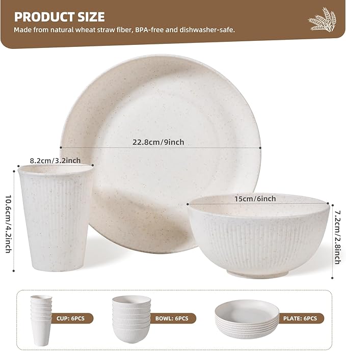 Wheat Straw Dinnerware Sets for 6 - Lightweight & Unbreakable Cups Plates and Bowls Sets Microwave 18 pcs Dinnerware Set for Kitchen, Travel & Camping Beige