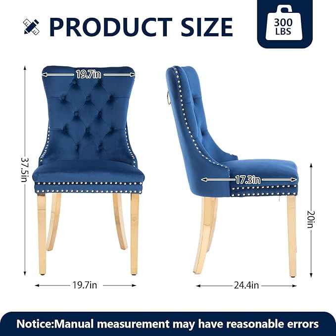 Blue Velvet Dining Chairs Set of 2, Kitchen Chairs Set of 2, Tufted Upholstered Dining Room Chair, Back Ring Pull Trim, Golden Stainless Steel Legs, Blue