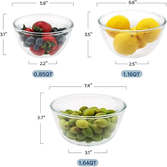 Cuiselect 3pc Glass Mixing Bowls Sets (1.64QT, 1.16QT, 0.85QT), Nesting Mixing Bowls for Cooking Prep, Baking, Storage, Large Salad Bowls Sets-Dishwasher Microwave Freezer Safe