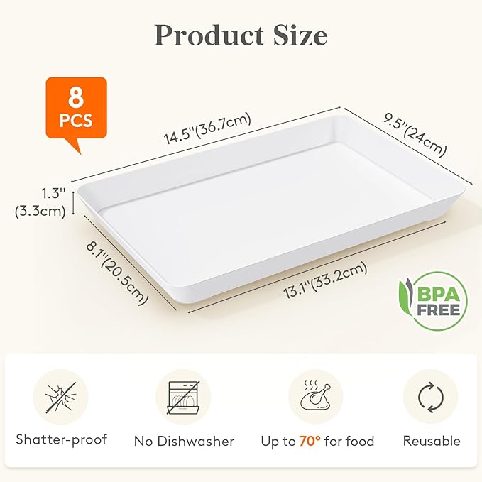 Lifewit Serving Tray for Party Supplies, Reusable Serving Platter for Catering, Snack, Fruit, Charcuterie, Appetizer, Plastic Food Trays, Hosting Essentials, BPA Free, White, 8 Pcs, Large(15" x 10")