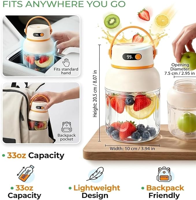 Portable Electric Juicer Cup with Zero Cord Hassle, Fresh Juicer Portable Blender with Digital Display, Leakproof USB-C Rechargeable Personal Blender for Home, Travel, Easy Clean (2a,1200ml)