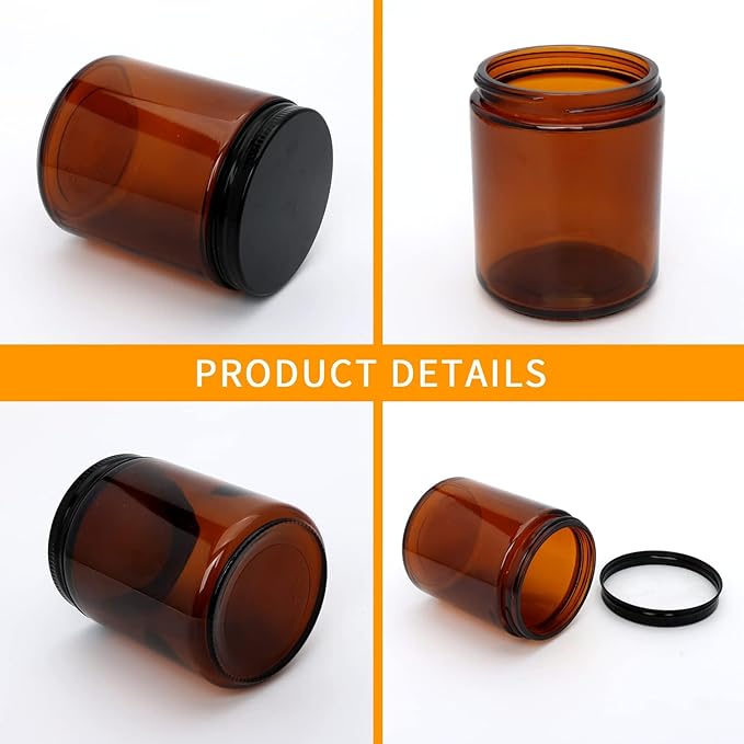 8oz Amber Candle Jars Set of 3,Round Glass Jar with Black Lids,Empty 250ml Glass Candle Making Jar Bulk Thick Small Food Storage Jars for Spice,Candy,Powder