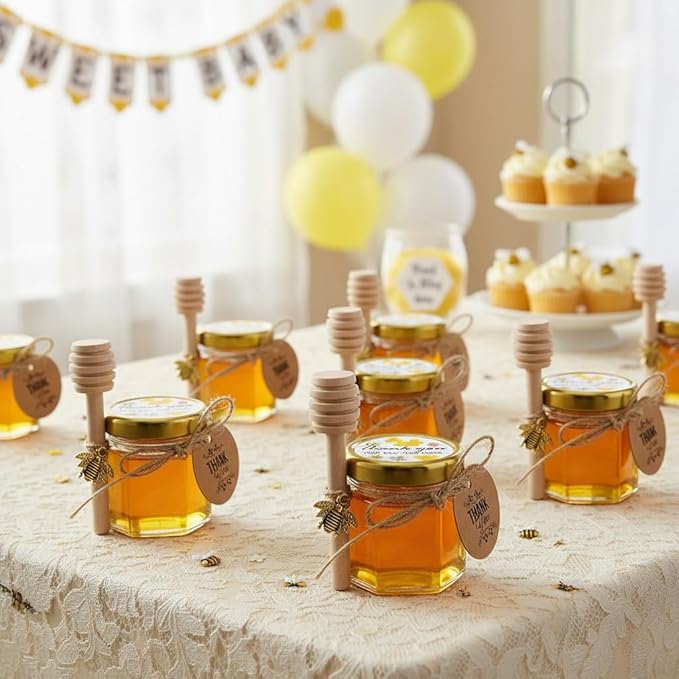 Adabocute Honey Pot, Glass Honey Jars, Small Honey Jars with Wooden Dippers, Bee Charms, Gold Gift Bags and Jutes Lids, Mini Honey Jars Baby Shower Favors, 1.5oz 40 Pack