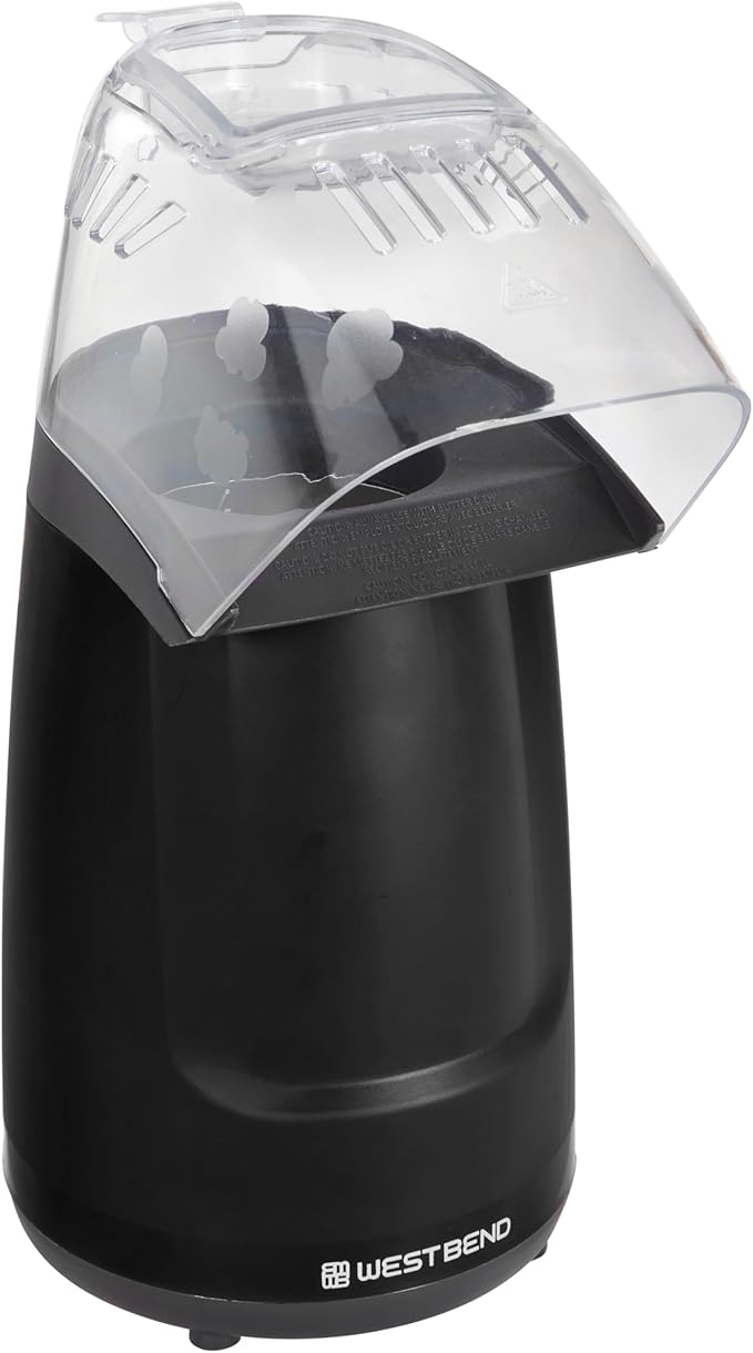 West Bend Air Crazy Hot Air Popcorn Popper Machine 4-Quart Oil-Free Popping for Healthier Snacks Dual-Purpose Measuring and Butter Cup On/Off Switch Compact Design, in Black