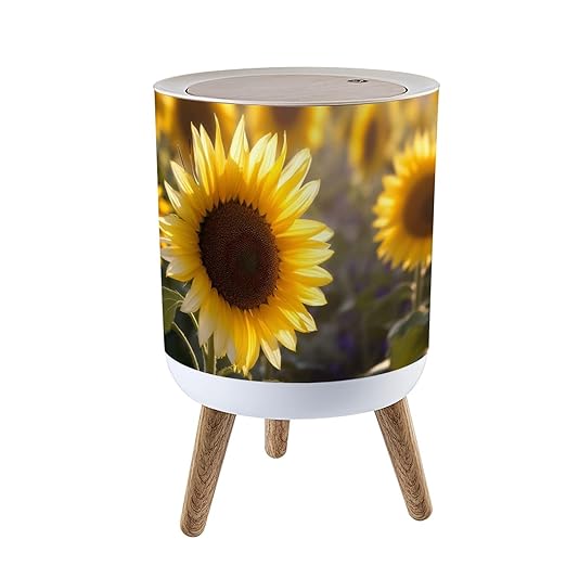 Trash Can with Lid Yellow Sunflower Sunset Light Close up Sunflower Close up Press Top Round Small Garbage Bin with Wooden Legs Waste Basket for Kitchen Bedroom Nursery 7L/1.8 Gallon