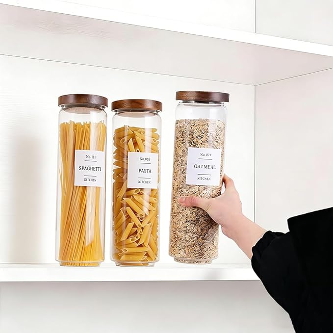 Tzerotone Glass Pantry Storage Jars with Acacia Airtight Lid, 50 OZ Kitchen Canisters with Wood Lid and 132 Pantry Labels, Food Storage Containers Set of 3