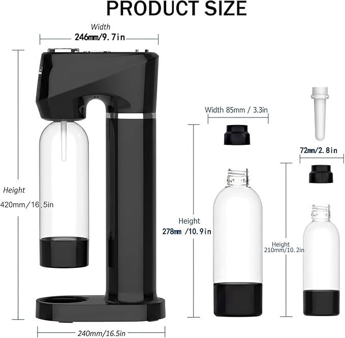 Home Sparkling Water Soda Maker with 2 BPA-Free Bottles (1L + 0.5L) - Carbonated Water Seltzer Fizzy Drink Machine, Compatible with Screw-In 60L CO2 Carbonator (Not Included), Black