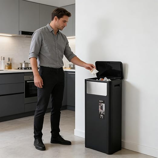 Trash Can with Lid, 8.45 Gallon Trash Bin Cabinet with 2 Openings, Hidden Trash Cabinet, Trash and Recycling Organizer, Garbage Can for Kitchen, Bathroom, Bedroom, Living Room, Office(Black)