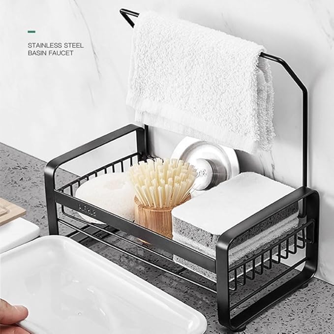 Sponge Holder with rag stick for Kitchen Sink - Rustproof Sink Caddy with Instant Drying Stone, Removable Dish Brush Holder, Stainless Steel Kitchen Caddy for Coutertop Storage Accessories