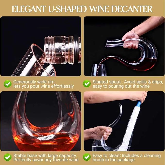 Wine Decanter, Swan U-Shaped Wine Carafe, Hand Blown Lead-Free Crystal Glass Wine Aerator, Large Red Wine Decanter Set, Easy Clean with Cleaning Brush , Luxury Gift for Christmas,Home,Parties