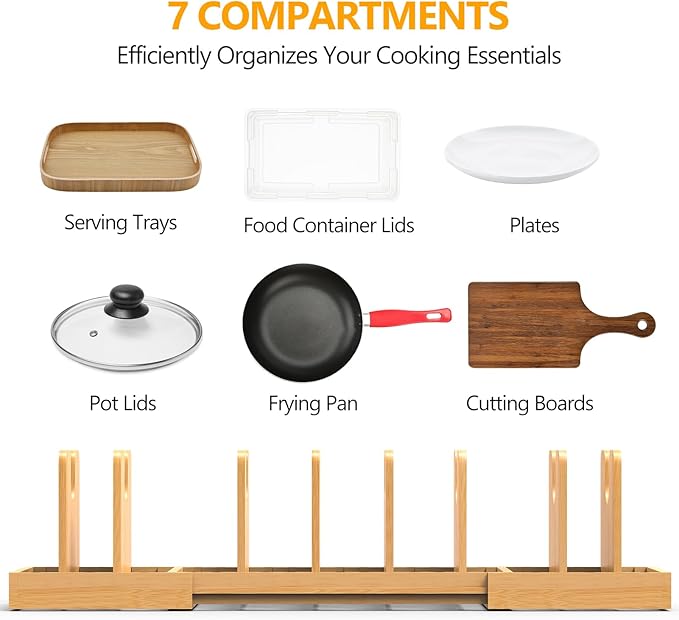 Pots and Pans Organizer Under Cabinet, Expandable Pot Lid Organizer, Bamboo Pan Organizer, Pot and Pan Organizer Rack for Kitchen Countertop or inside Cabinet