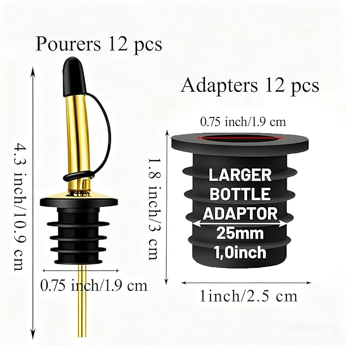 12-Pack Liquor Bottle Pourers with Adapters, Liquor Pour Spout Adapters set for for Large Olive Oil Bottles and Liquor Bottles - Up to 1 Inch/25mm Neck Converts Any Spout into a Large Pour Spout,Gold