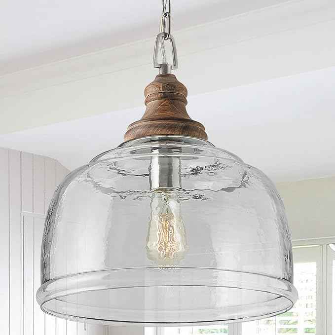 Capital Lighting 330318GY Julian Coastal Style Clear Organic Rippled Glass Pendant with Handcrafted Mango Wood Finial, 1-Light 60 Watt, 16" H x 14" W, Grey Wash