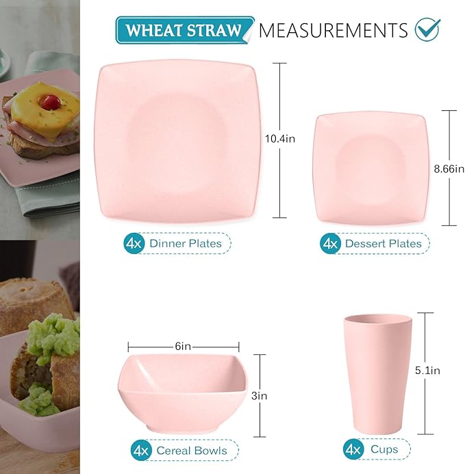 Teivio 16-piece Plastic Wheat Straw Square Dinnerware Set for 4, Unbreakable Dinner Plates, Salad Plates, Snack Bowls, Tumblers 13.5 oz, Dishwasher Safe, Kitchen Dinning RV Essentials, Pink