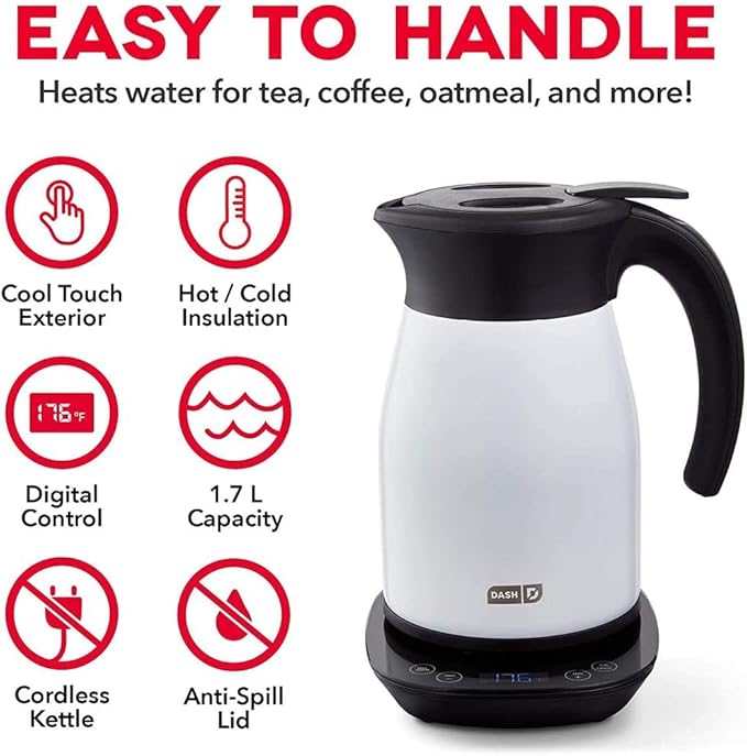 Dash Insulated Electric Kettle, Cordless Hot Water Kettle - Matte White, 57oz/1.7L