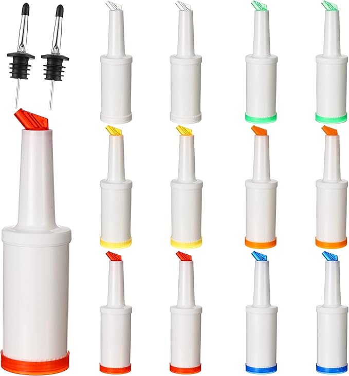 Chengu Fruit Juice Pour Bottles 34 oz Plastic Liquor Bar Supplies with Stainless Steel Bottle Pourer Tapered Spout for Cocktail Bartending Liquor Juice Store(Multi Colors,12 Pack)