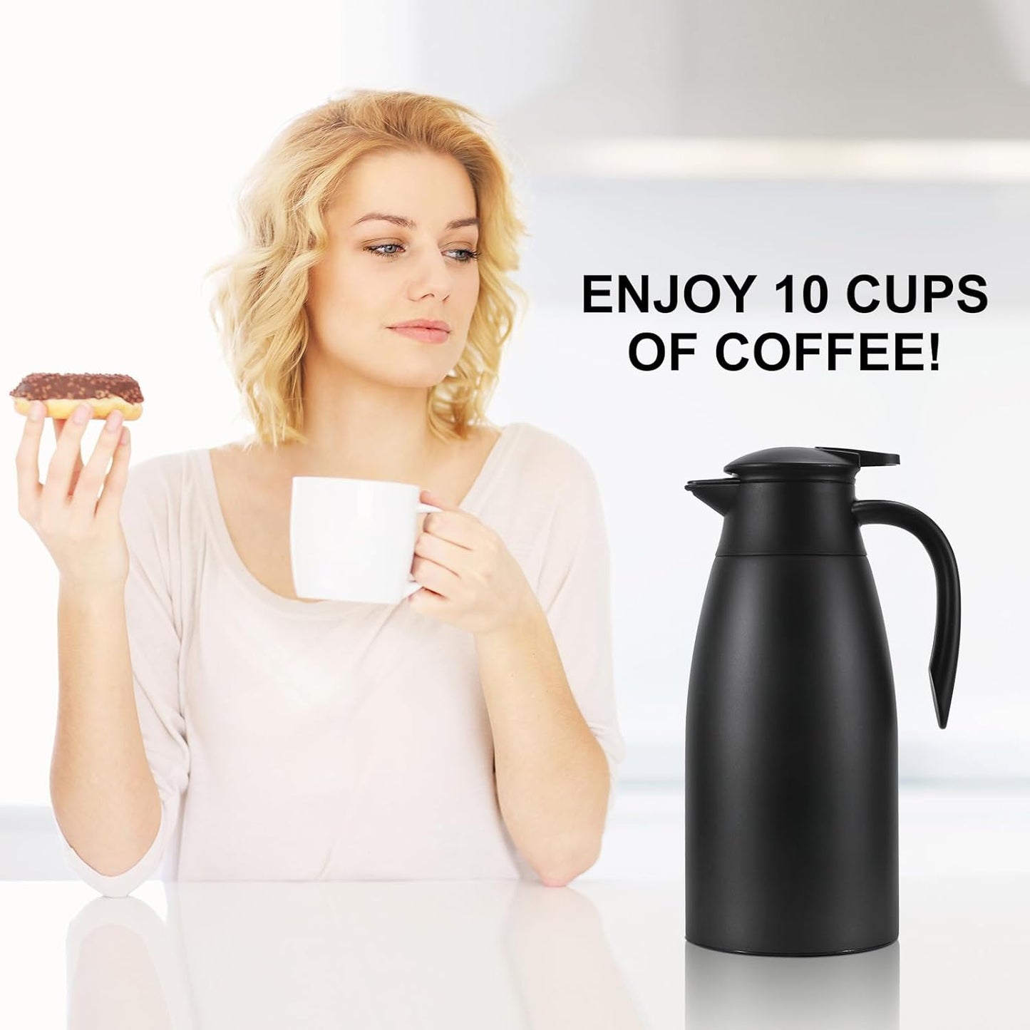 Updated Thermal Coffee Carafe, 70 Oz Insulated Stainless Steel Coffee Carafes for Keeping Hot Coffee & Water Hot Beverage-12Hours, Double Walled Vacuum Thermos Carafe(Black+White）