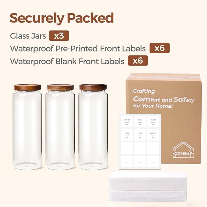 ComSaf 3Pcs (1.7Qt) Airtight Glass Pasta Storage Containers with Acacia Wood Lids, Tall Pantry Storage Container for Organizing Spaghetti and Pasta, Thick Glass Spaghetti Container with Pasta Labels