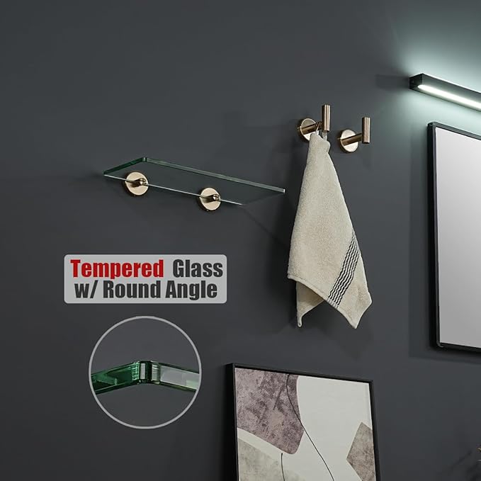JQK Bathroom Glass Shelf, Tempered Glass Shower Storage 12 by 5 inches, 304 Stainless Steel Champagne Bronze Wall Mount, TGS101L12-CB