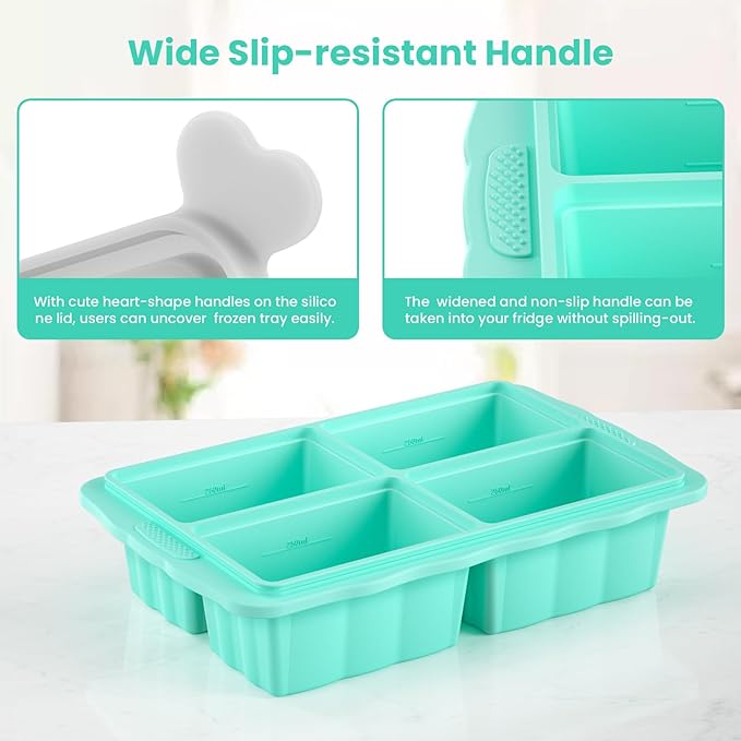 Silicone Freezer Tray With Lid, Silicone Freezing molds, Ice Cube Tray For Food, Release Soup Freezer Molds for freezing food, Soup, and Leftovers-Makes 4 Perfect 1 Cup- 3 Pack.