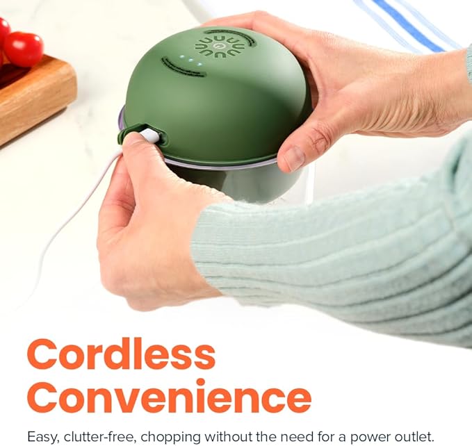 Nutricook Choppi Cordless Electric Vegetable Chopper & Mini Food Processor for Dicing, Shredding, Mincing, and Puree, Portable and Rechargeable, 2-Cup, 500 mL, 4000 mAh Battery, Sage Green