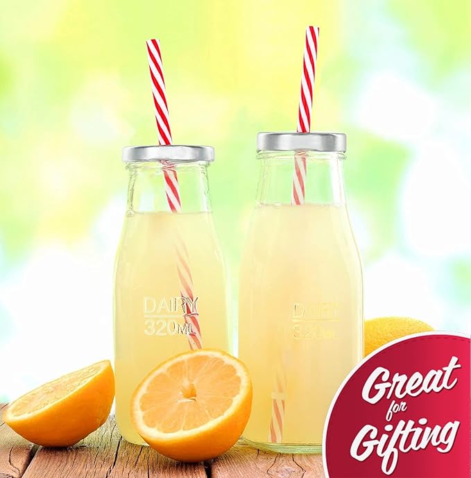 Estilo Glass Milk Bottle with Lid - Milk Glass - Reusable Glass Bottle for Dairy Milk With Straws & Metal Screw On Lids, 10.5 Ounce, Clear, Set of 7