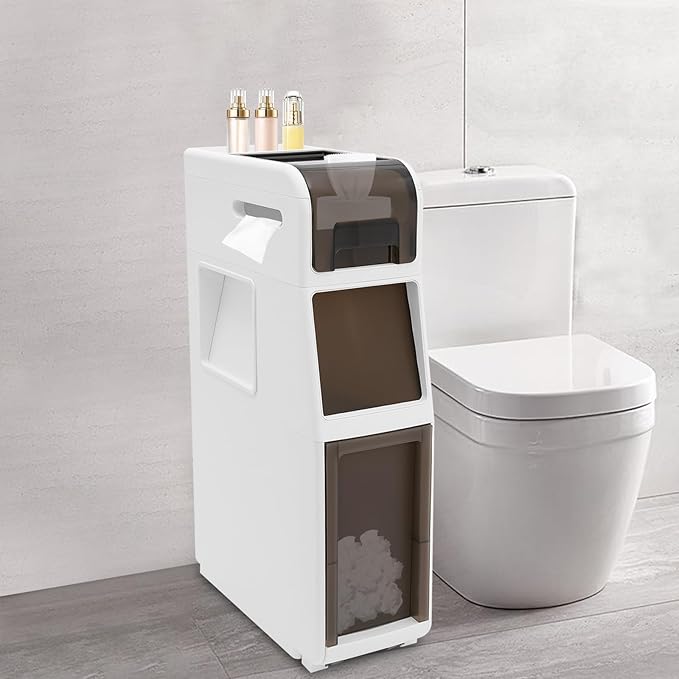 Slim Waterproof Narrow Bathroom Cabinet with Trash Bin Compact Design with Drawers and Toilet Paper Holder Movable Bathroom Organizers for Small Spaces (3Tier/25.2in H)
