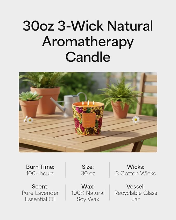 Wild Flowers Scented Candle, 30oz Natural Soy Wax, Large 3 Wicks Luxury Aromatherapy | Natural Candles Non-Toxic | 100+ Hour Clean Burn,Long Lasting Big Candles for Home Decor,Stress Relief,SPA