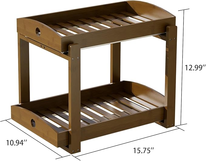 Bamboo Wood Under Sink Organizer 1 Pack, Pull Out Cabinet Organizer 2 Tier Under Sink Organizers and Storage w/Sliding Drawer Sturdy Easy Assembly for Kitchen Bathroom Undersink (Walnut, 2 Packs)