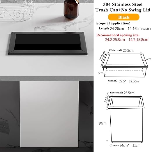 Embedded Countertop Trash Can, Stainless Steel Kitchen Trash Can, Built-in Countertop Trash and Waste Chute, Square Built-in Countertop Trash Can Grommet,Black Set