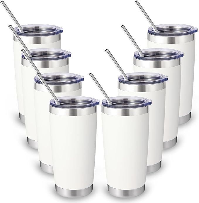 Volhoply 20oz Stainless Steel Tumbler with Lid and Straw Bulk 8 Pack,Double Wall Insulated Travel Iced Coffee Mug Fits Cup holder,Powder Coated Cups for Hot/Cold Drinks,Gifts for Women（White,8 Set）