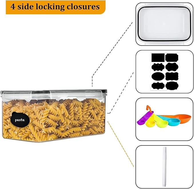 Airtight Food Storage Containers with Lids, BPA-Free Plastic Canisters for Pasta, Spaghetti & Kitchen Pantry Organization 4pcs (3.2L)