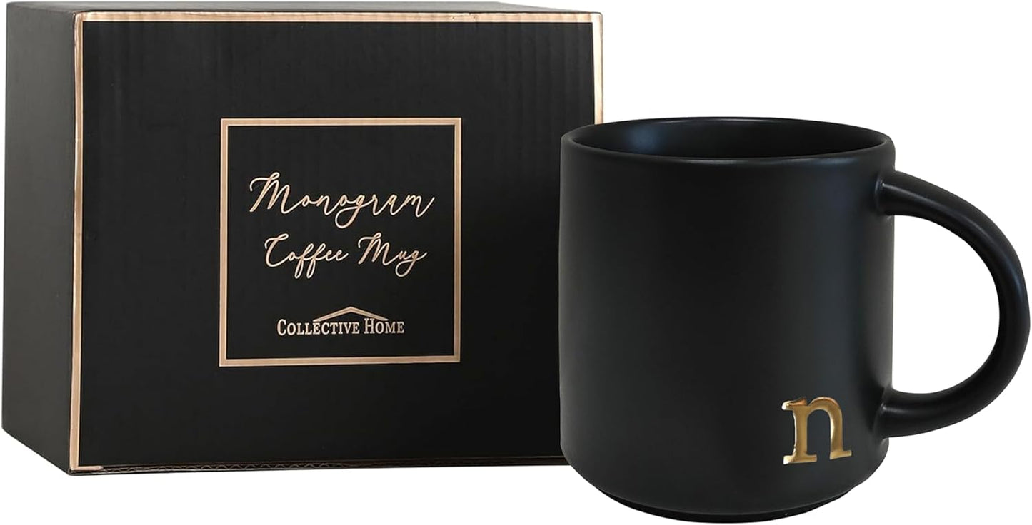 COLLECTIVE HOME - Black Monogram Ceramic Mugs, 15 oz Golden Initial Coffee Cups, Elegant Alphabet Tea Mugs, Personalized Halloween Mug with Gift Box, Perfect for Office and Home Décor (n)