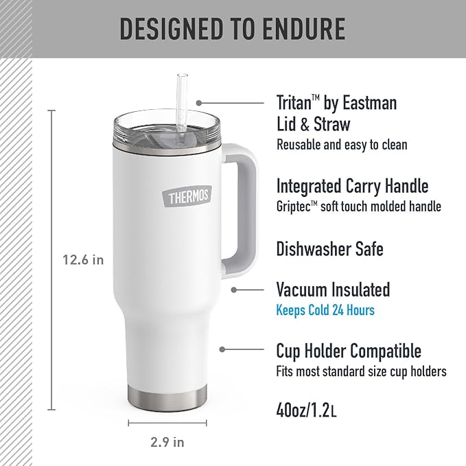 THERMOS 40 oz Stainless Steel Cupholder Mug w/Straw - White