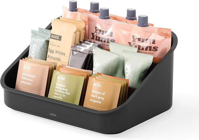 Umbra Bellwood Packet Organizer, Divided Tray for Pantry Ingredients and Other Small Items, Made of Durable Plastic and Wood, Walnut/Black
