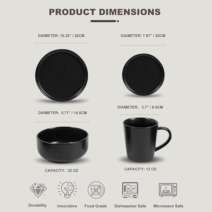 EWFEN Plates and Bowls Sets, 32 Pieces Ceramic Dinnerware Set for 8, Stoneware Dishware Dishes Set, Scratch Resistant Dishes Set, Dishwasher & Microwave Safe, Black