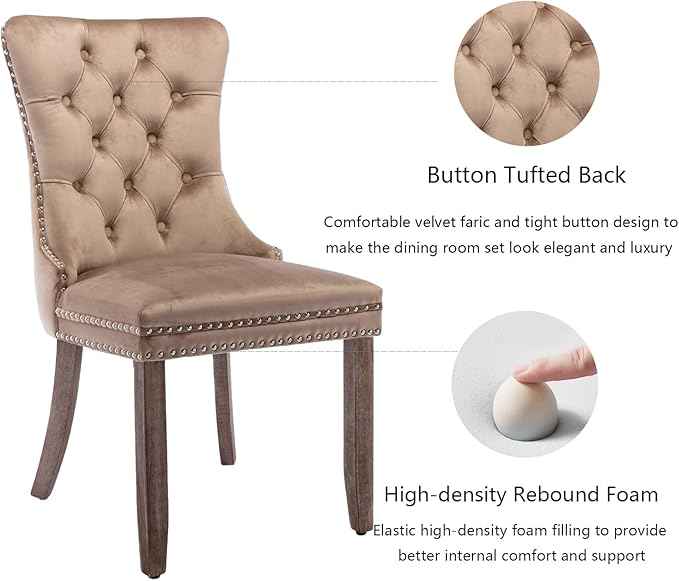Upholstered Dining Chairs Set of 2, Velvet Dining Room Chairs with Back Ring Pull Trim and Solid Wood Legs, Tufted Wingback Kitchen Chair Perfect for Dining Room,Living Room,Kitchen(Khaki)