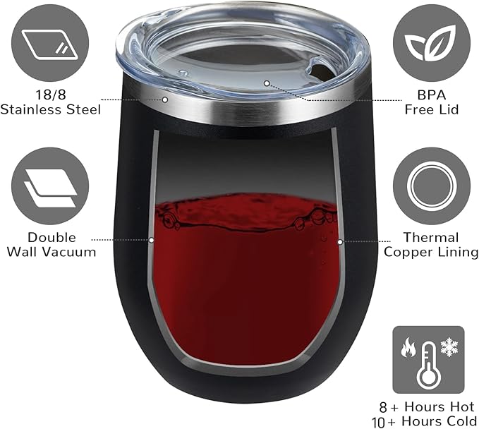 MEWAY 12oz Wine Tumbler 16 Pack Bulk Gifts for Women,Double Wall Vacuum Stainless Steel Travel Mug with Lid,Insulated Stemless Wine Cup Glass for Coffee,Cocktails,Drinks(Black,Set of 16)