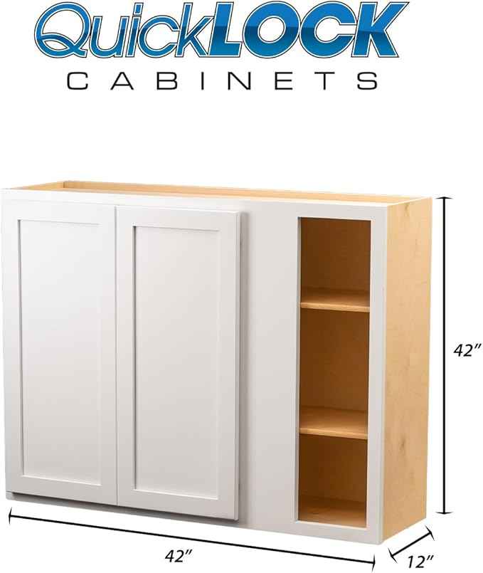 Quicklock RTA (Ready-to-Assemble) 42" Tall Wall Kitchen Cabinets - Shaker Style | 100% Hardwood | Made in America | Soft Close Hardware (12" D x 42" W x 42" H Blind Corner, Pure White)