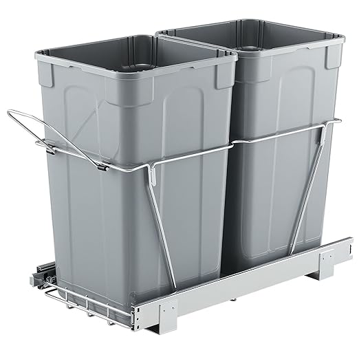 VEVOR Pullout Trash Can for Kitchen Cabinets, 27QTx2 Double Under Sink Garbage Waste Recycling Bin, Under Mount Waste Container, with Heavy Duty Metal Full Extension Sliding System and Handle Grey